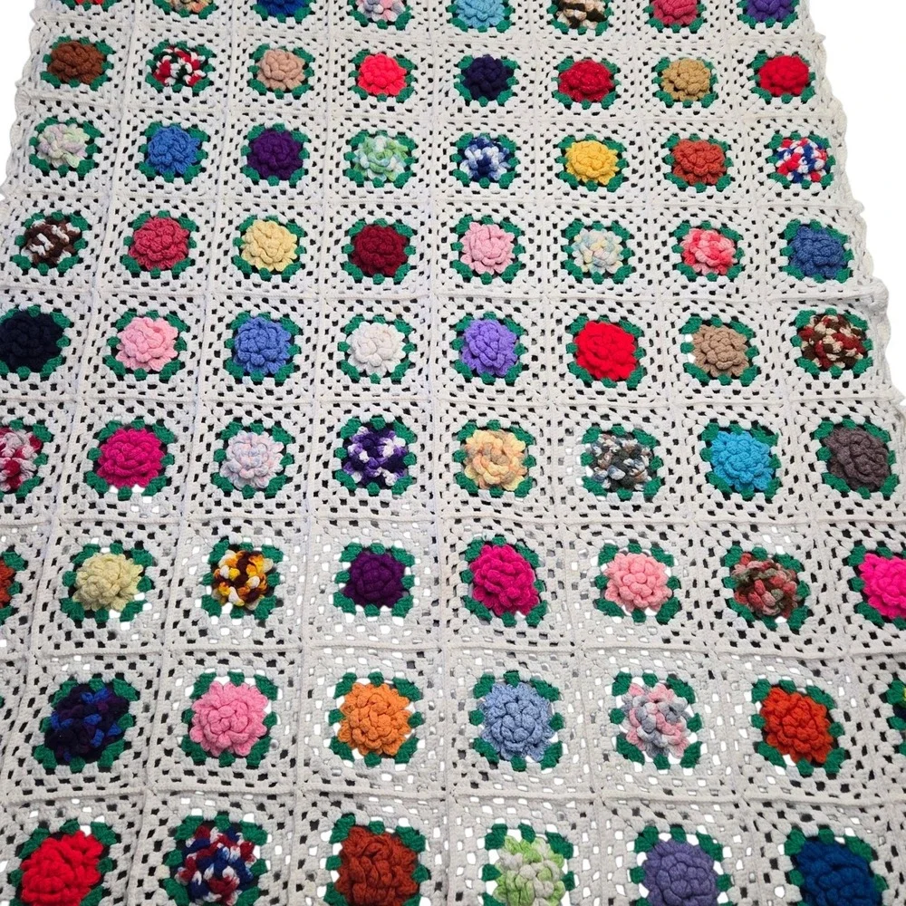 Vintage 3D Crochet Granny Square Blanket Floral White Handmade Afghan Throw